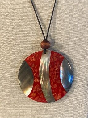 Artisan Abalone & Coral Inlay Pendant Necklace Adjustable